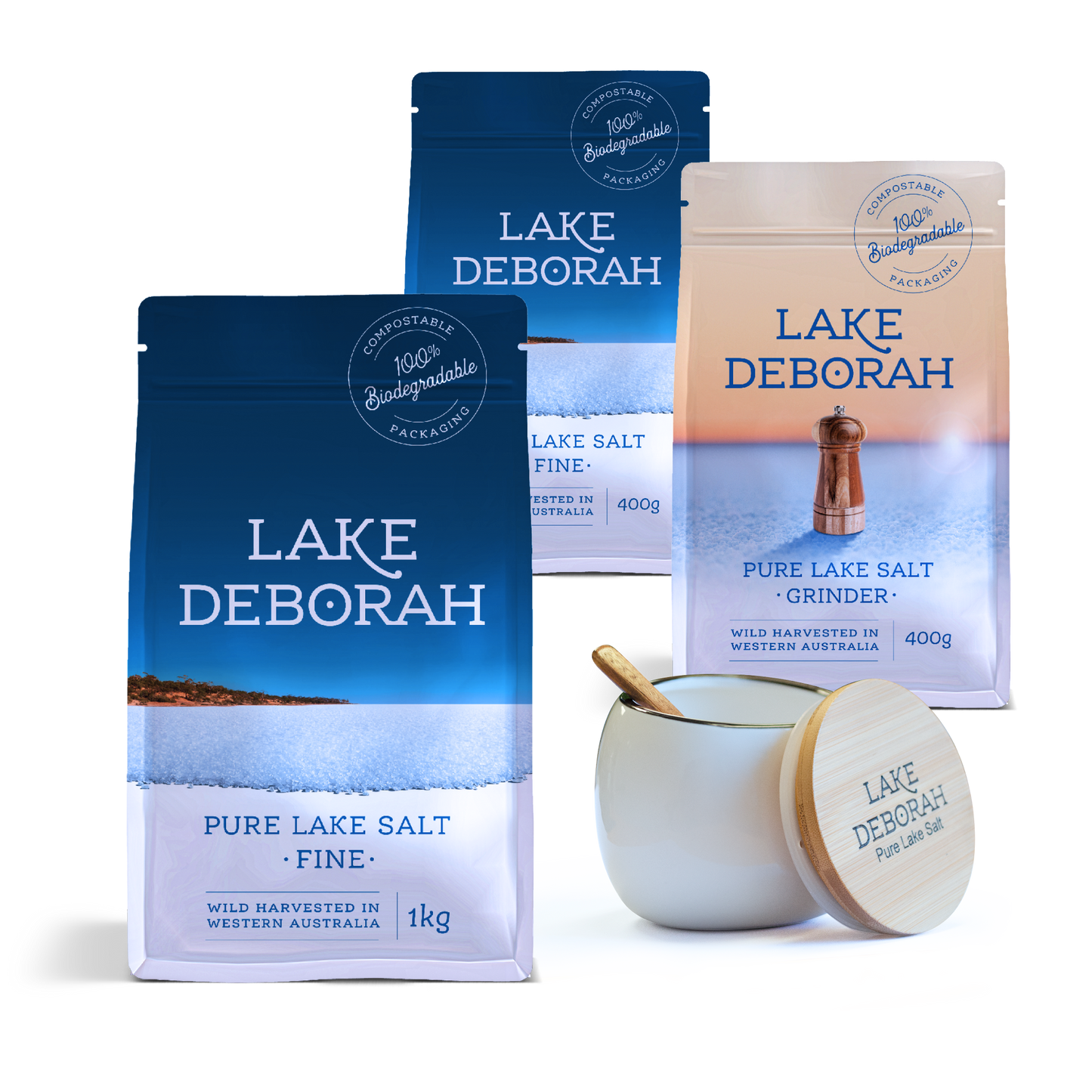 Lake Deborah Fine Salt Combo. Fine 200g, 400g & 1kg, Grinder 400g + Salt Cellar. 1 of each