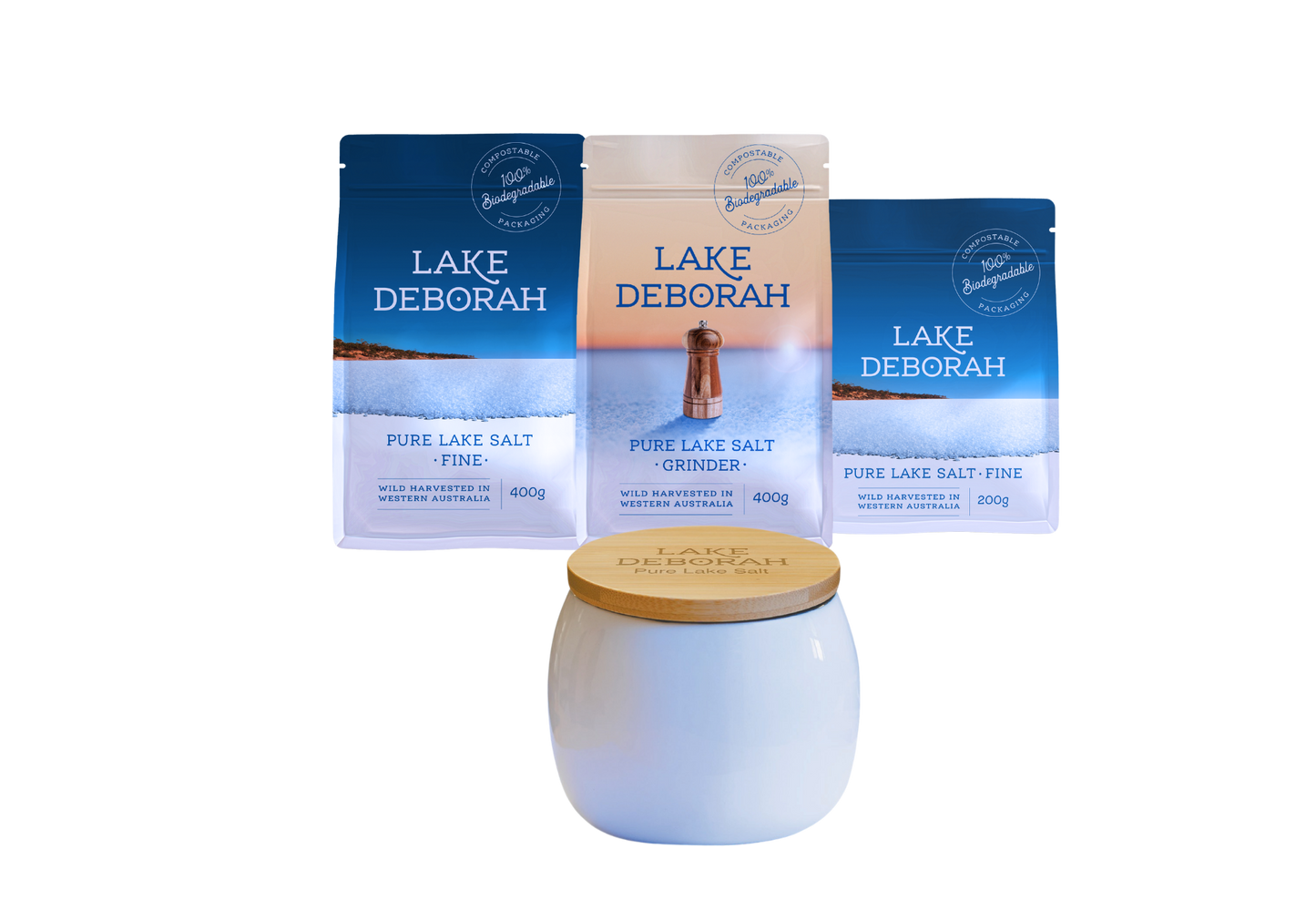 Lake Deborah Salt Cellar (Cellar Only) 1 x 200g & 1 x 400g fine & 1 x 400g grinder salt - total 1kg salt