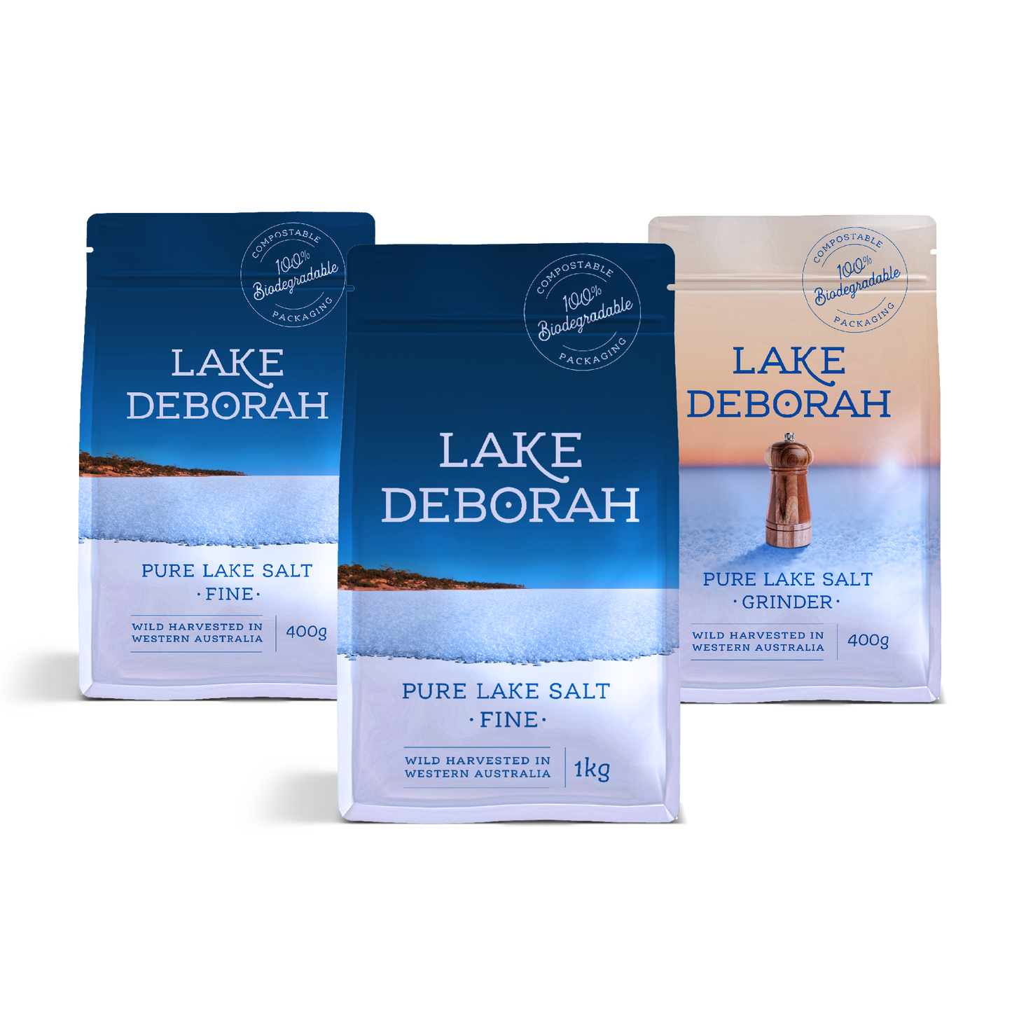 Lake Deborah Salt Combo. 1x 1kg Fine, 1x400g Fine & 1x400g Grinder Salt.