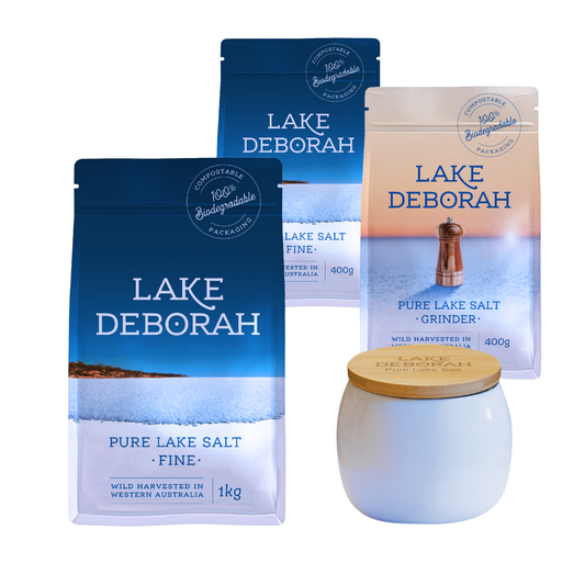 Lake Deborah Salt Cellar (Cellar Only) 1x Fine 200g, 4x Fine 400g, 1x Grinder 400g - 2.2kg of Salt